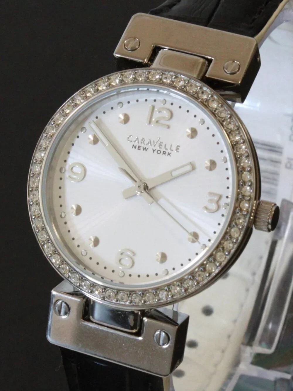 Caravelle Ladies Dress Watch By Bulova Crystal Bezel Reversible Strap 32mm